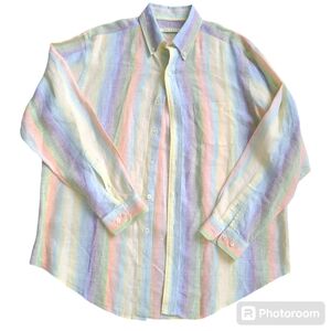 Pell & Co Button Down Collar Linen Shirt Men's Large Pastels‎ Stripes EUC